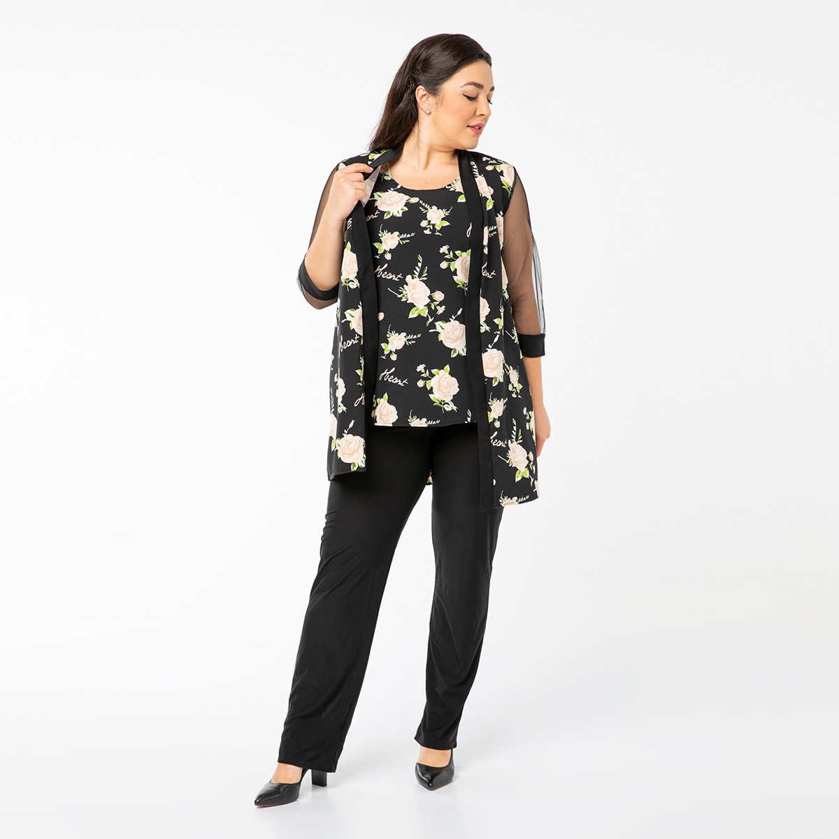 ст. цена2100руб.! Костюм, текстиль, кардиган, блуза, брюки, черный, белый