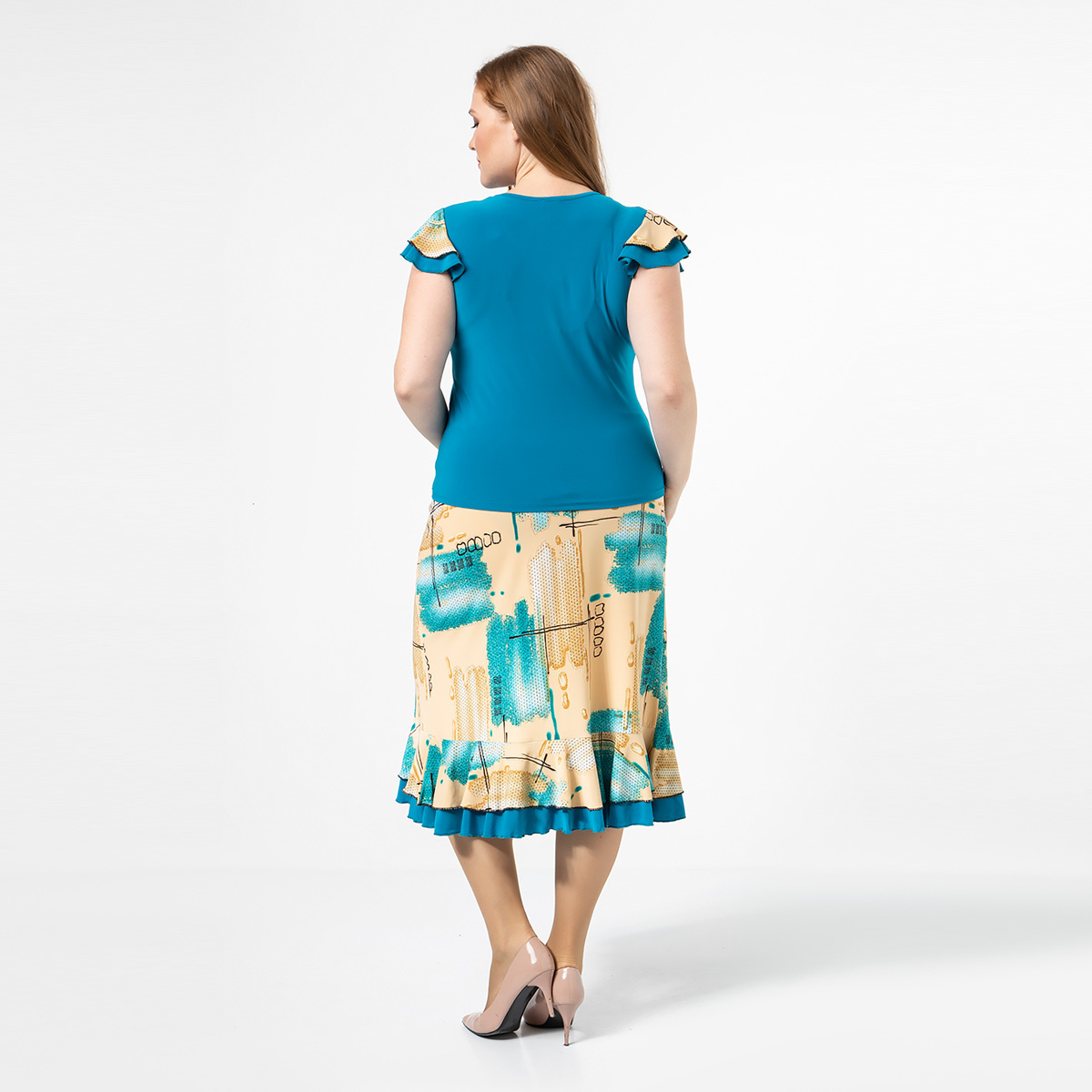 ст. цена1800руб.! Костюм, трикотаж, блуза, юбка, бирюзовый