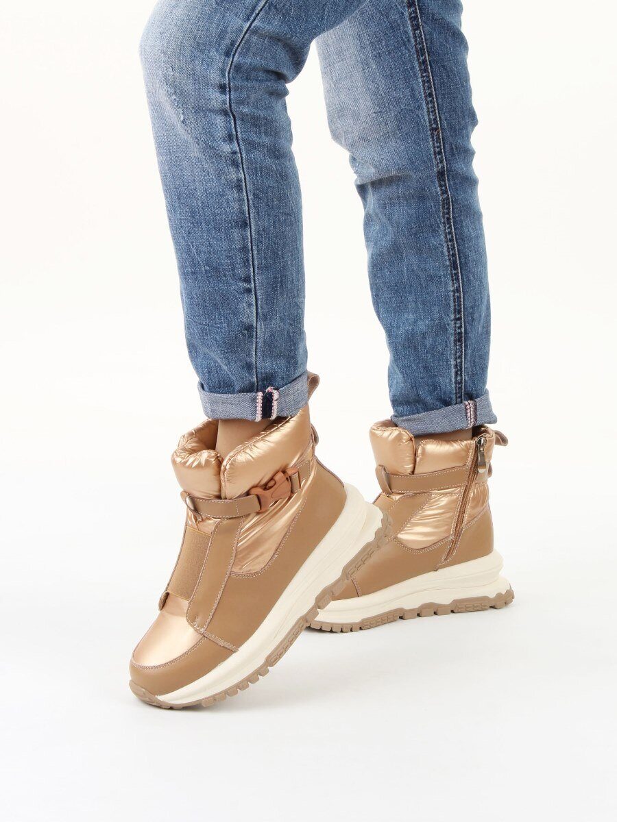 04-WG037-1M DK. BEIGE/GOLD Ботинки зимние женские (натуральная кожа, курточная ткань, 100% шерсть)