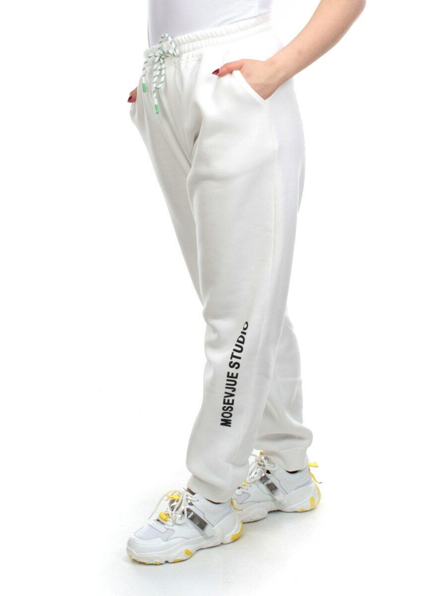 M053 WHITE Брюки спортивные женские на флисе (100% хлопок) 7986