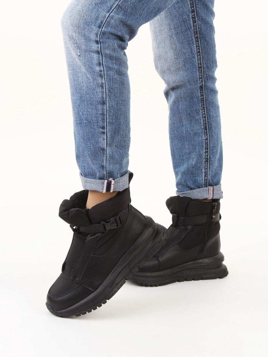 04-WG037-3M BLACK Ботинки зимние женские (натуральная кожа, курточная ткань, 100% шерсть)