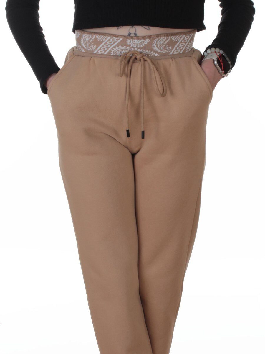 2611 BEIGE Штаны утепленные спортивные женские (85% хлопок, 10% полиэстер, 5% спандекс)