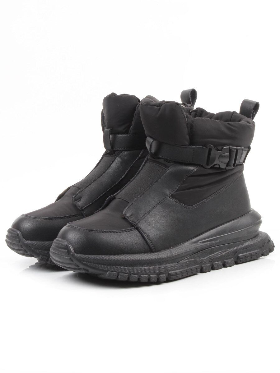 04-WG037-3M BLACK Ботинки зимние женские (натуральная кожа, курточная ткань, 100% шерсть)