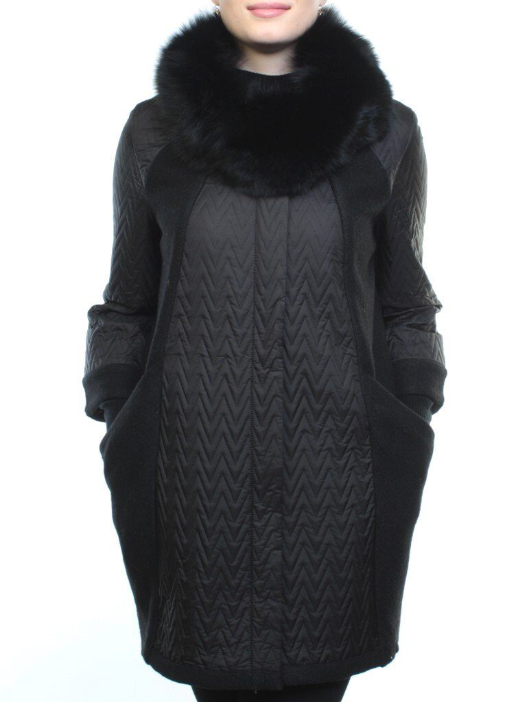 A16002 BLACK Пальто демисезонное женское (синтепон 100 гр., натуральный мех лисицы)