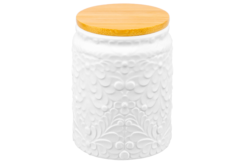 БЫЛО 462 руб! Банка д/хранения 450 мл 9*9*12 см с бамбуковой крышкой с сил. упл. белая матовая