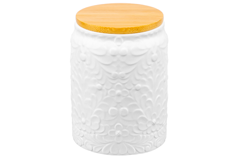БЫЛО 703 руб! Банка д/хранения 1,1 л 12*12*16,4 см с бамбуковой крышкой с сил. упл. белая матовая