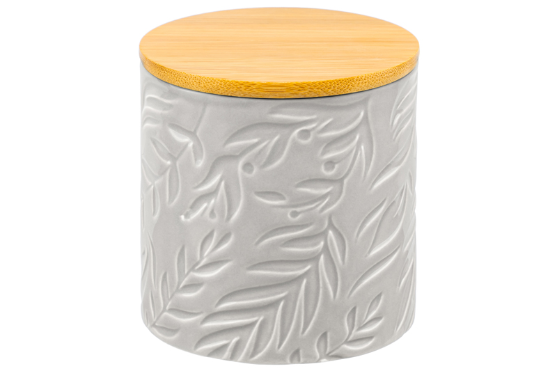 БЫЛО 482 руб! Банка д/хранения 430 мл 10*10*11 см с бамбук. крышк. с сил. упл., светло-серая