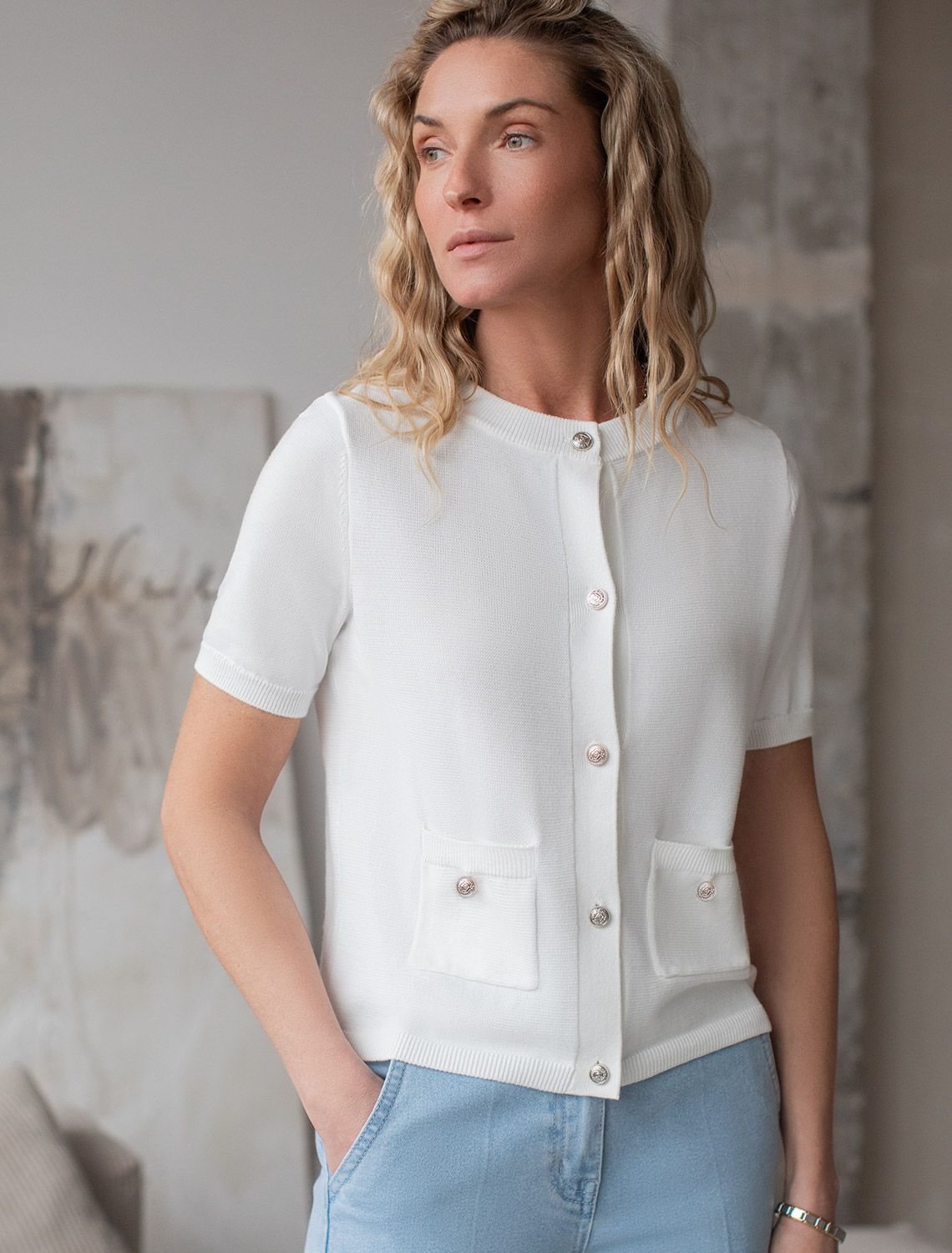 Кардиган c коротким рукавом вязаный из хлопка с акрилом