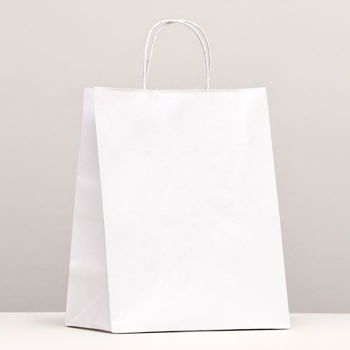 Пакет крафт без печати, белый, круглая ручка 24×14×28 см