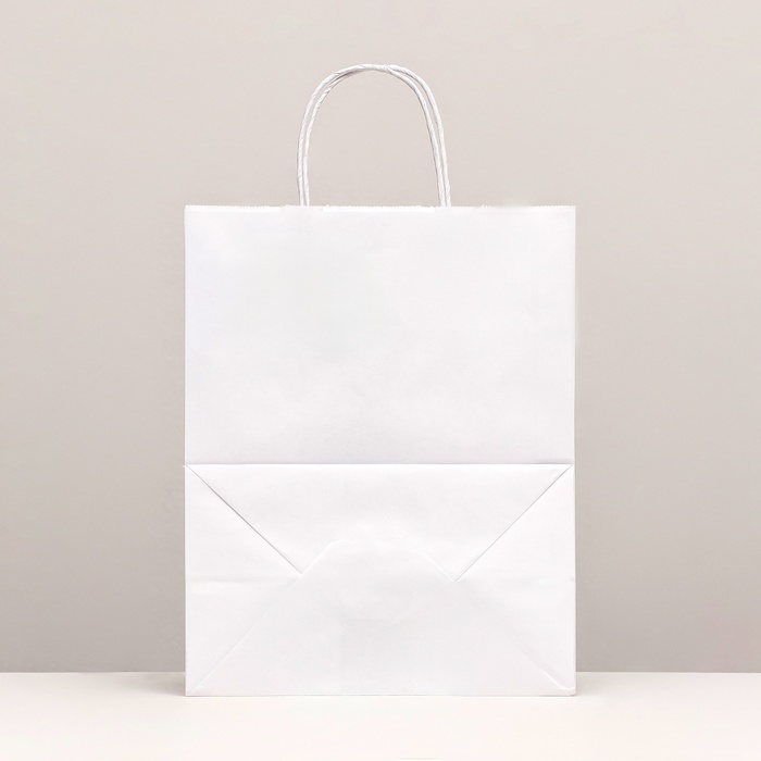 Пакет крафт без печати, белый, круглая ручка 24×14×28 см