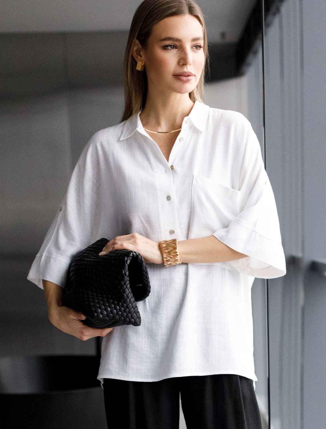 Блузка с цельнокроеным рукавом изо льна с вискозой