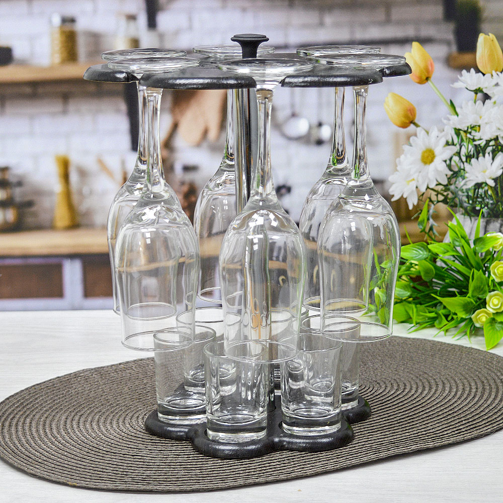 Набор 12 предметов (6 бокалов 200мл, 6 стопок 50мл) на деревянной подставке, 20160