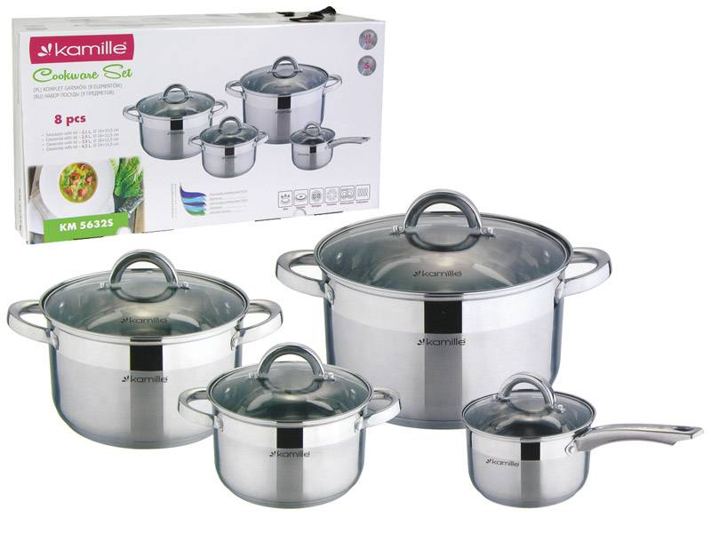 Набор кастрюль 4 предмета (2,5л, 3,8л, 5,8л, ковш 1,8л) нерж, полые ручки, индукция