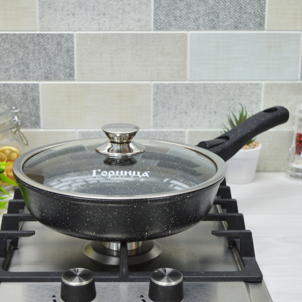 Сковорода 26см высота 7см Гранит со съемной ручкой и стеклянной крышкой, с2654аг