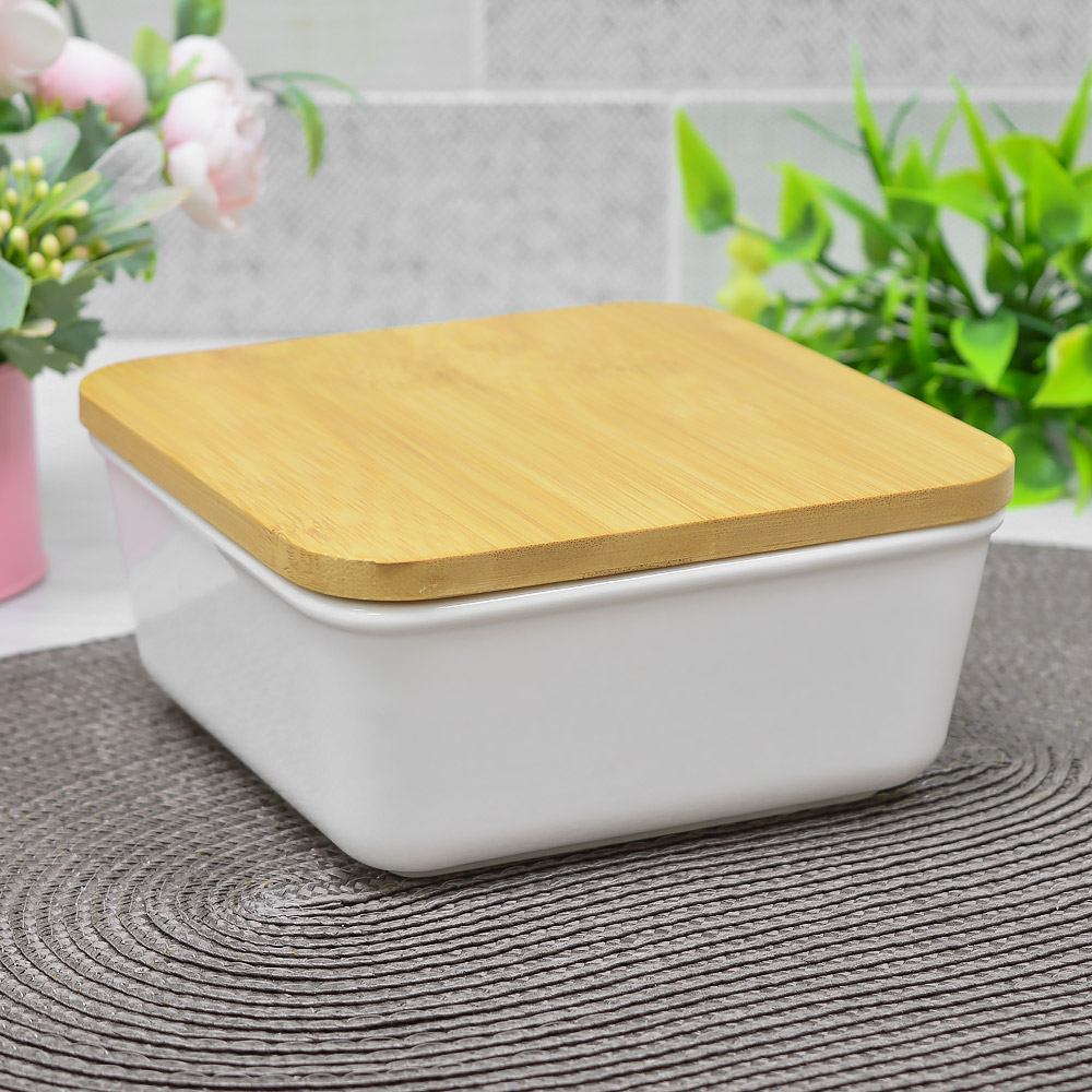 Блюдо для запекания 15см квадратное с бамбуковой крышкой, фарфор