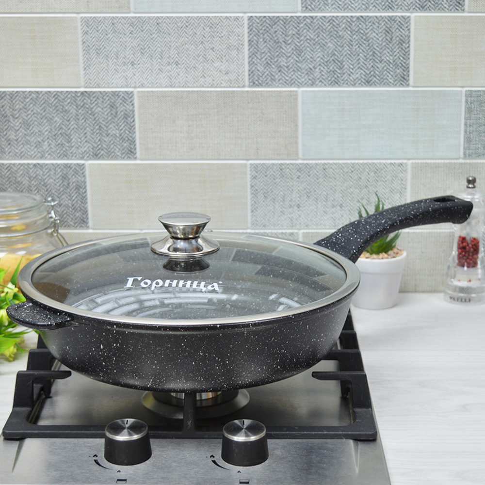 Сковорода 30см высота 7,5см Гранит с несъемной ручкой и стеклянной крышкой, с3052аг