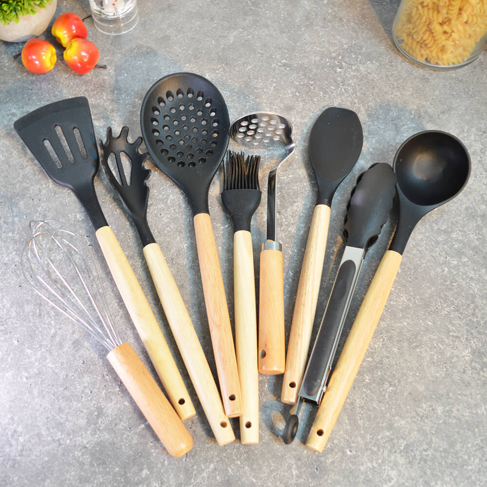 Набор кухонных принадлежностей 10 предметов SA-KW100BK, силикон, нерж, дерево, цвет черный