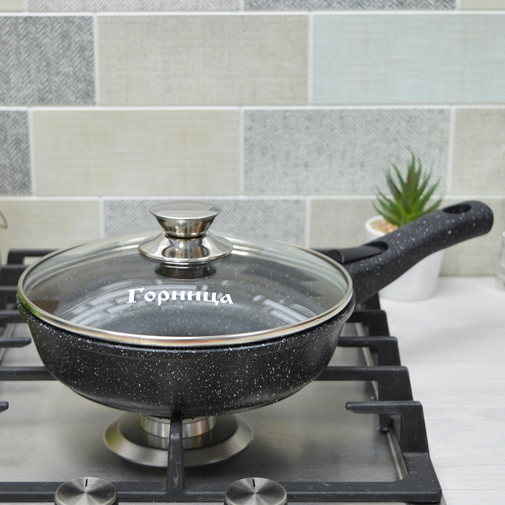 Сковорода 22см высота 5,5см Гранит со съемной ручкой и стеклянной крышкой, с2254аг