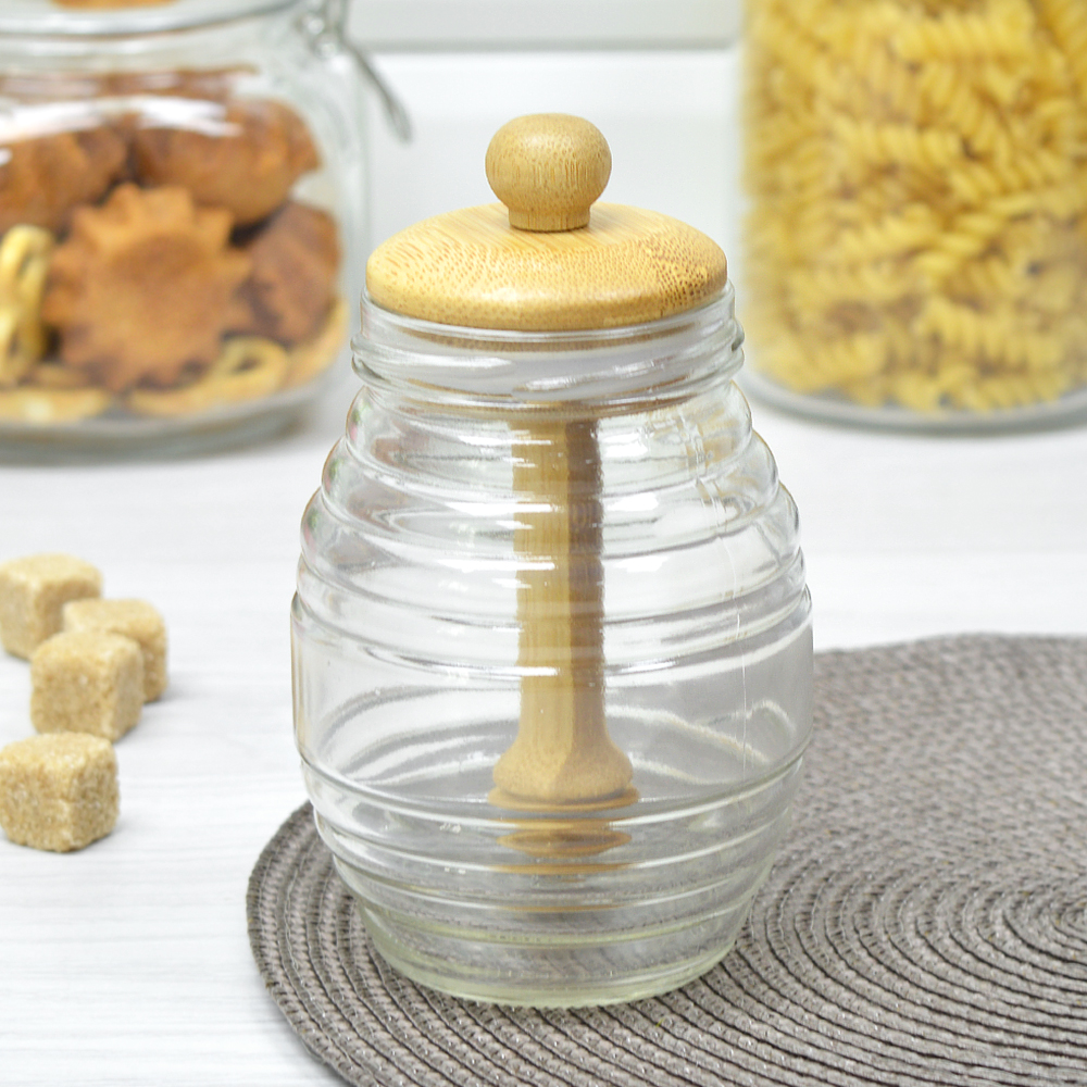 Банка для меда №2 8,3*14,2см с ложкой и бамбуковой крышкой