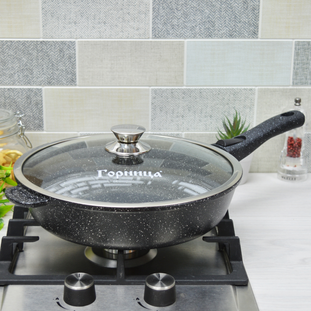 Сковорода 28см высота 7см Гранит со съемной ручкой и стеклянной крышкой, с2854аг