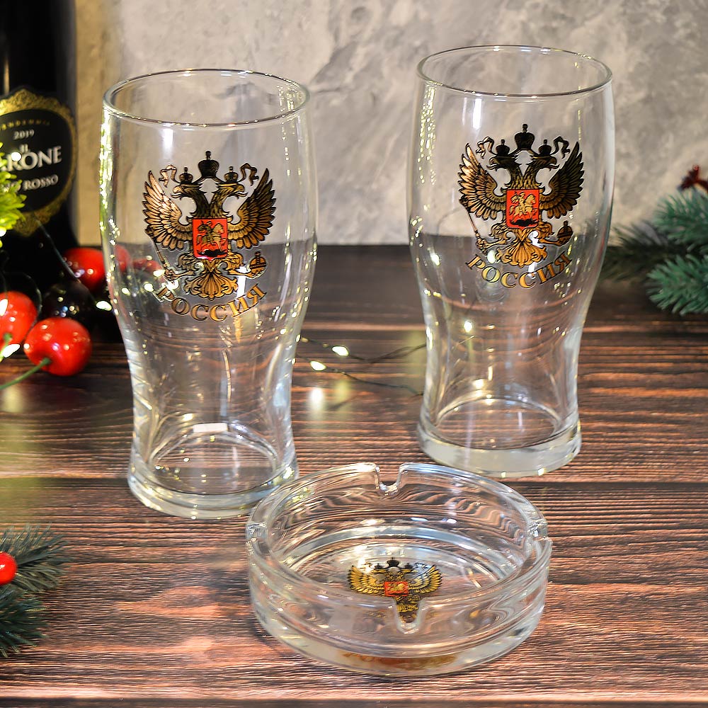 Набор 3 предмета (2 бокала для пива 500мл, пепельница) Золотой герб России