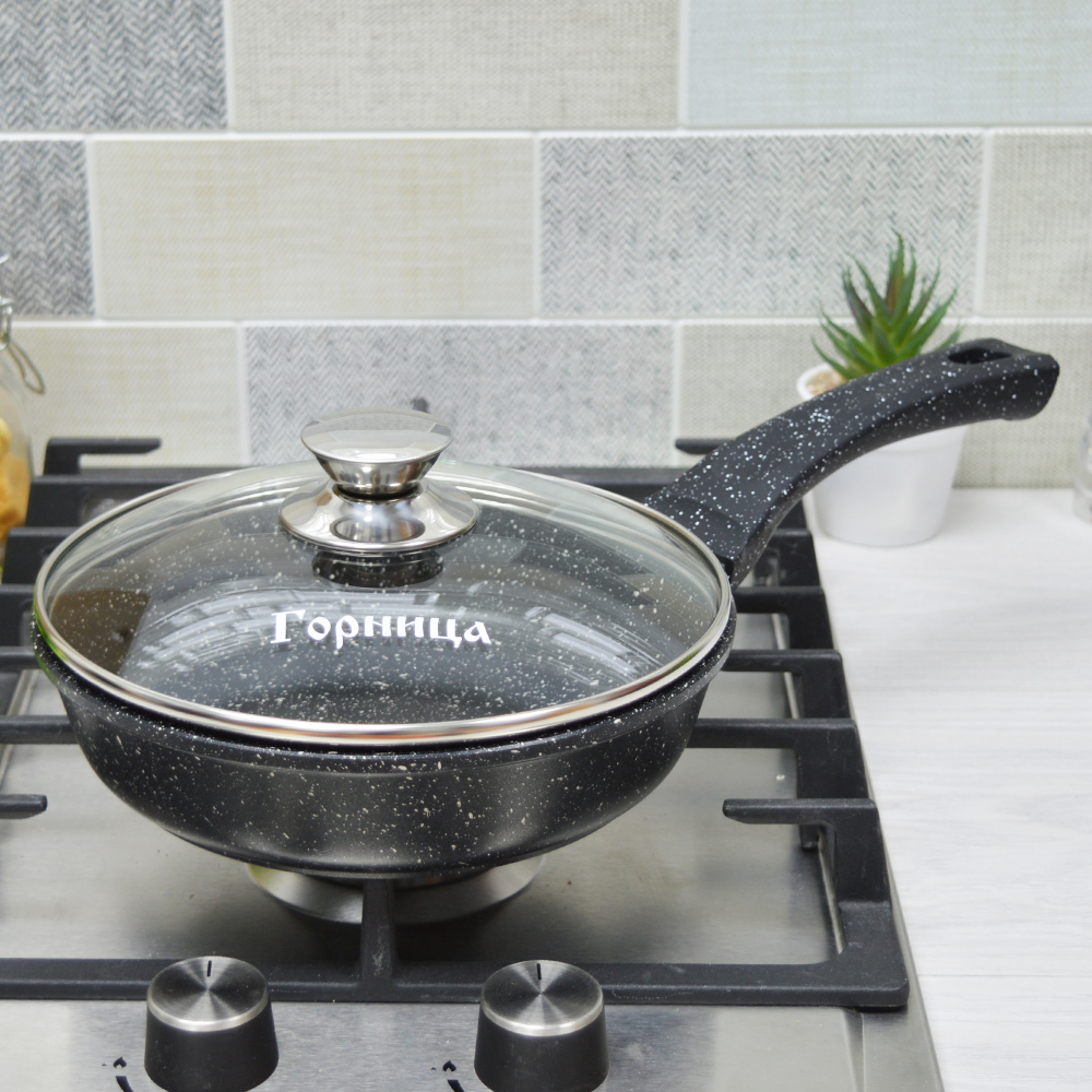 Сковорода 22см высота 5,5см Гранит с несъемной ручкой и стеклянной крышкой, с2252аг