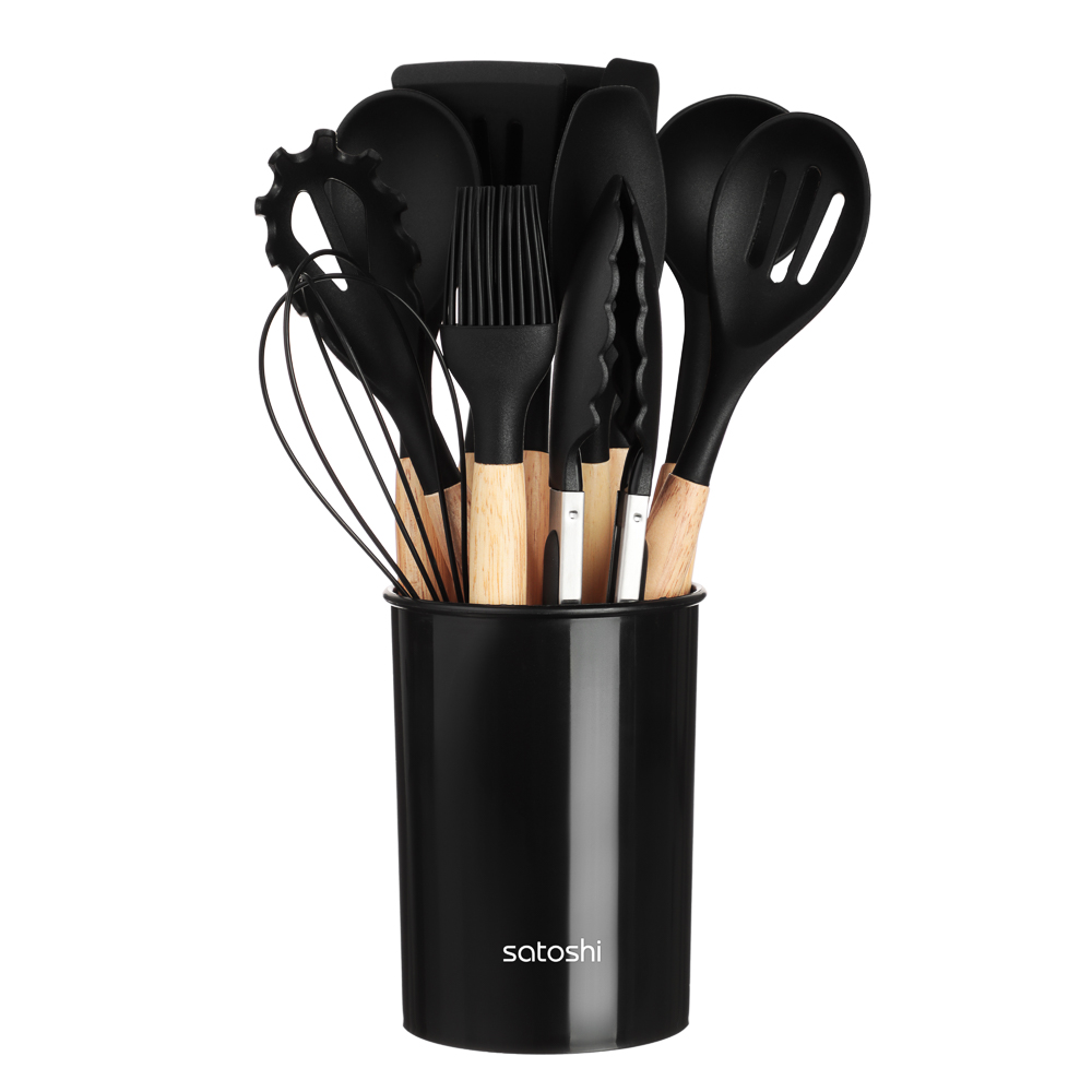 Набор кухонных принадлежностей 12 предметов, антипригарный силикон, черный SATOSHI Аллон