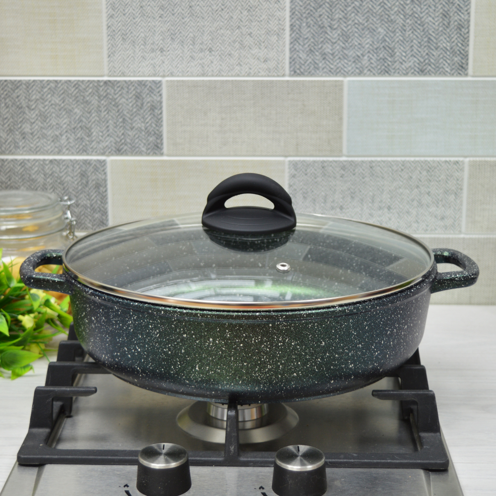 Жаровня 28*7см 3,5л Сияние Green с литыми ручками и стеклянной крышкой, ж2832Gr