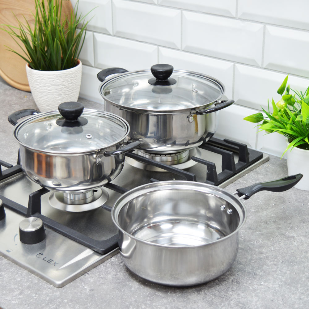 Набор посуды 3 предмета (кастрюли 1,25л, 2,2л с крышками; ковш 1,25л без крышки) PROMO