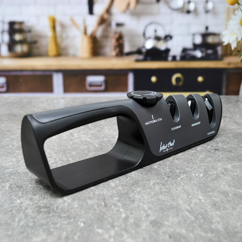 Ножеточка с регулируемым углом заточки, с пазом для ножниц