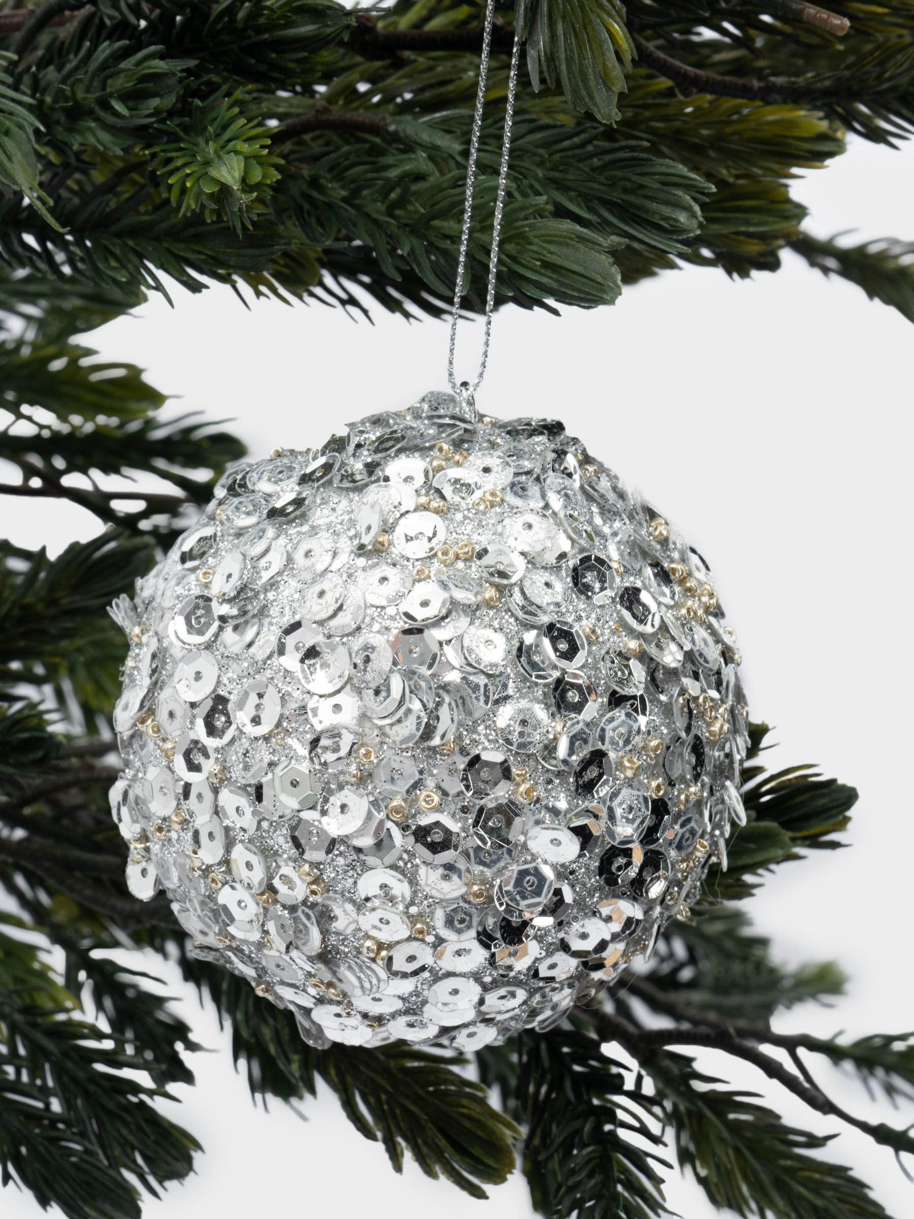 Игрушка елочная, 8 см, пластик, серебристая, Шар с пайетками, New year