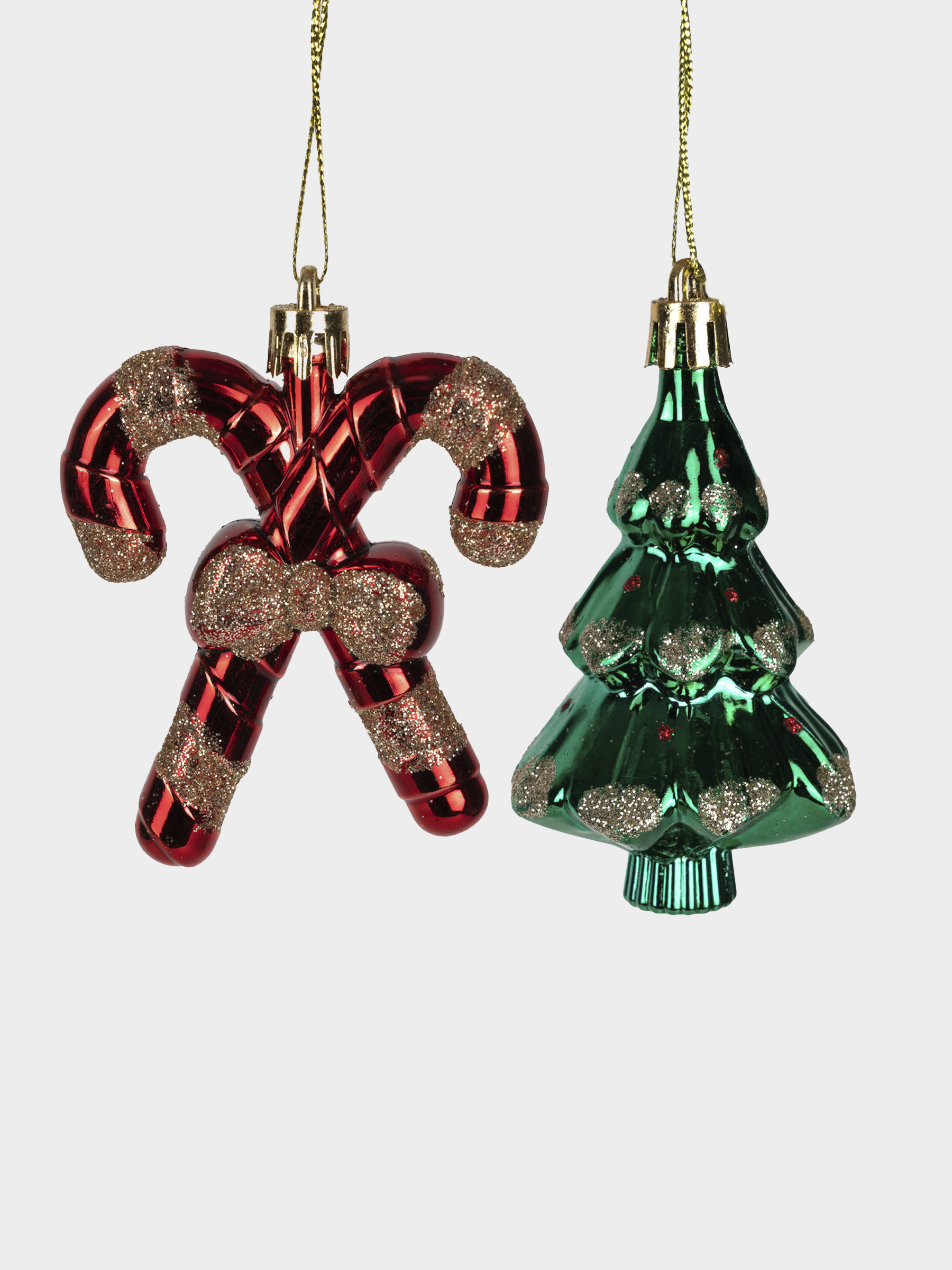 Набор елочных игрушек, 7 см, 2 шт, пластик, зеленый/красный, Елка и трость, New year