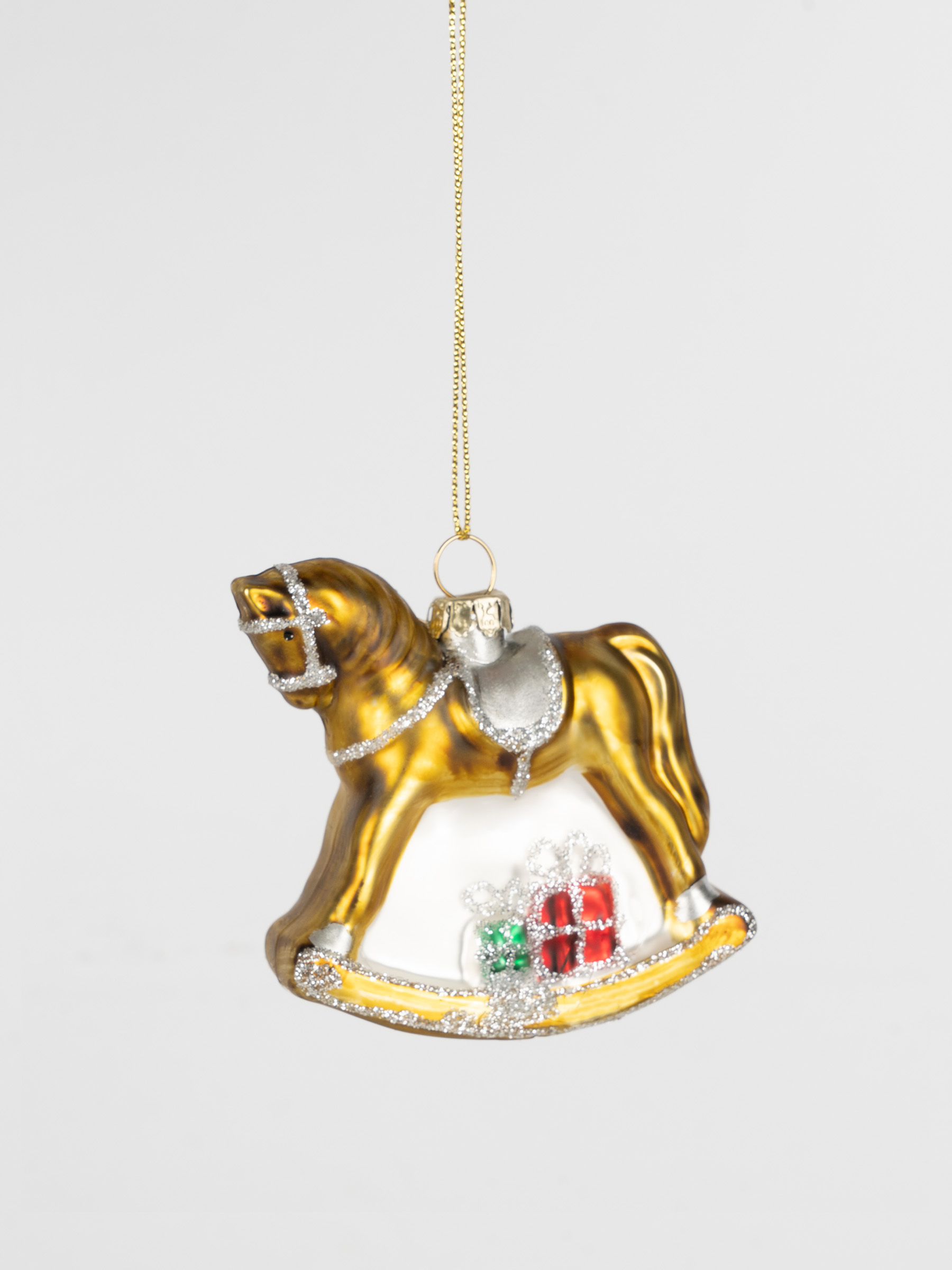 Игрушка елочная, 7 см, стекло, золотистая, Лошадка-качалка, Bright horse