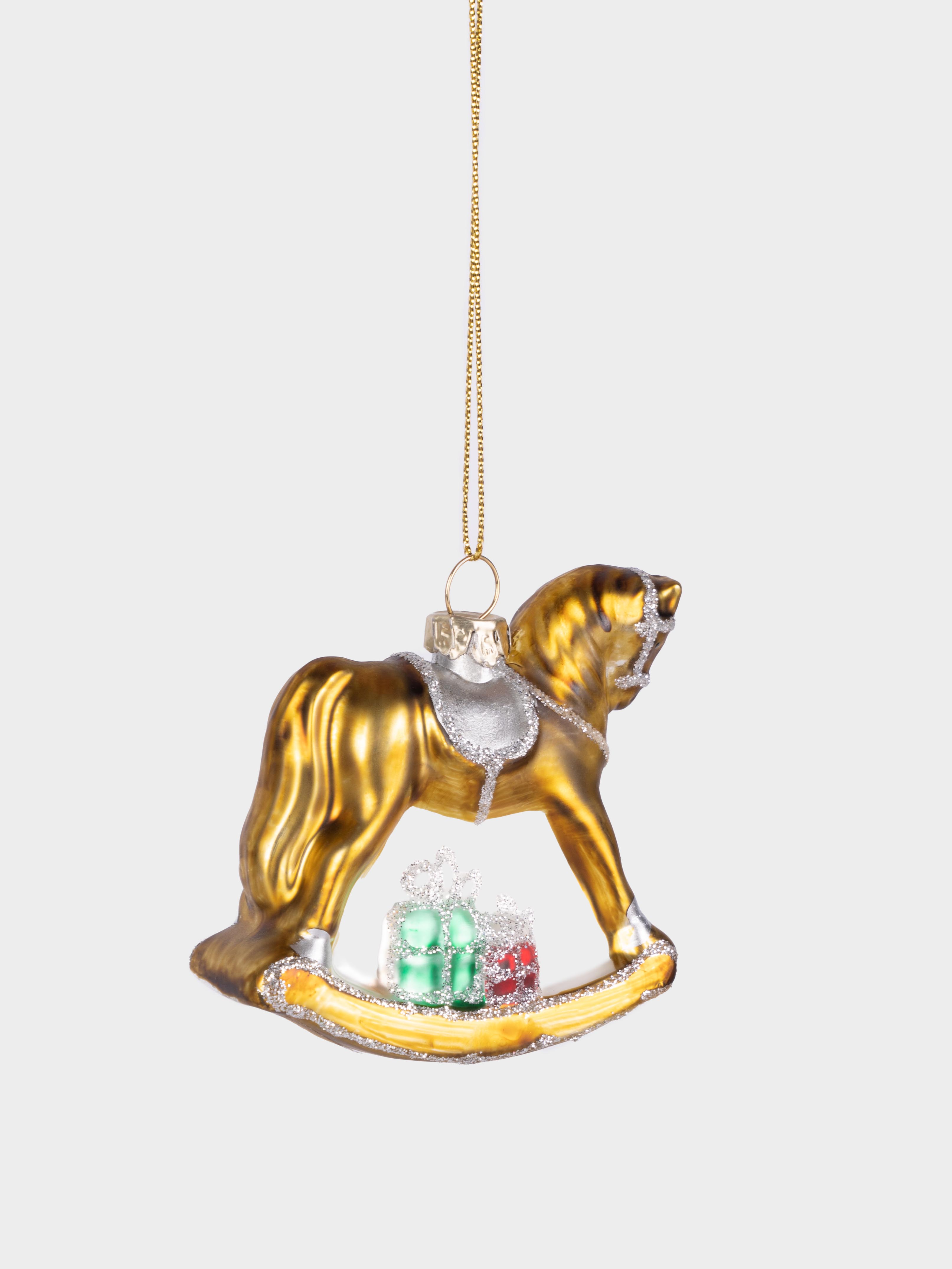 Игрушка елочная, 7 см, стекло, золотистая, Лошадка-качалка, Bright horse