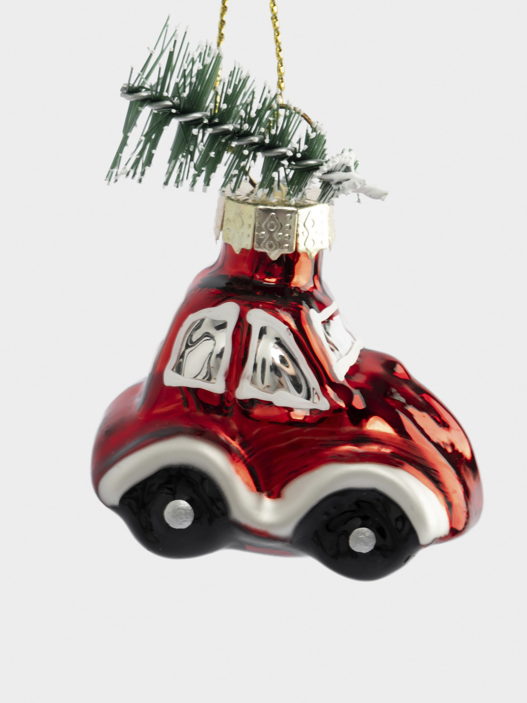 Игрушка елочная, 4х6 см, стекло, красная, Машина с елкой, New year