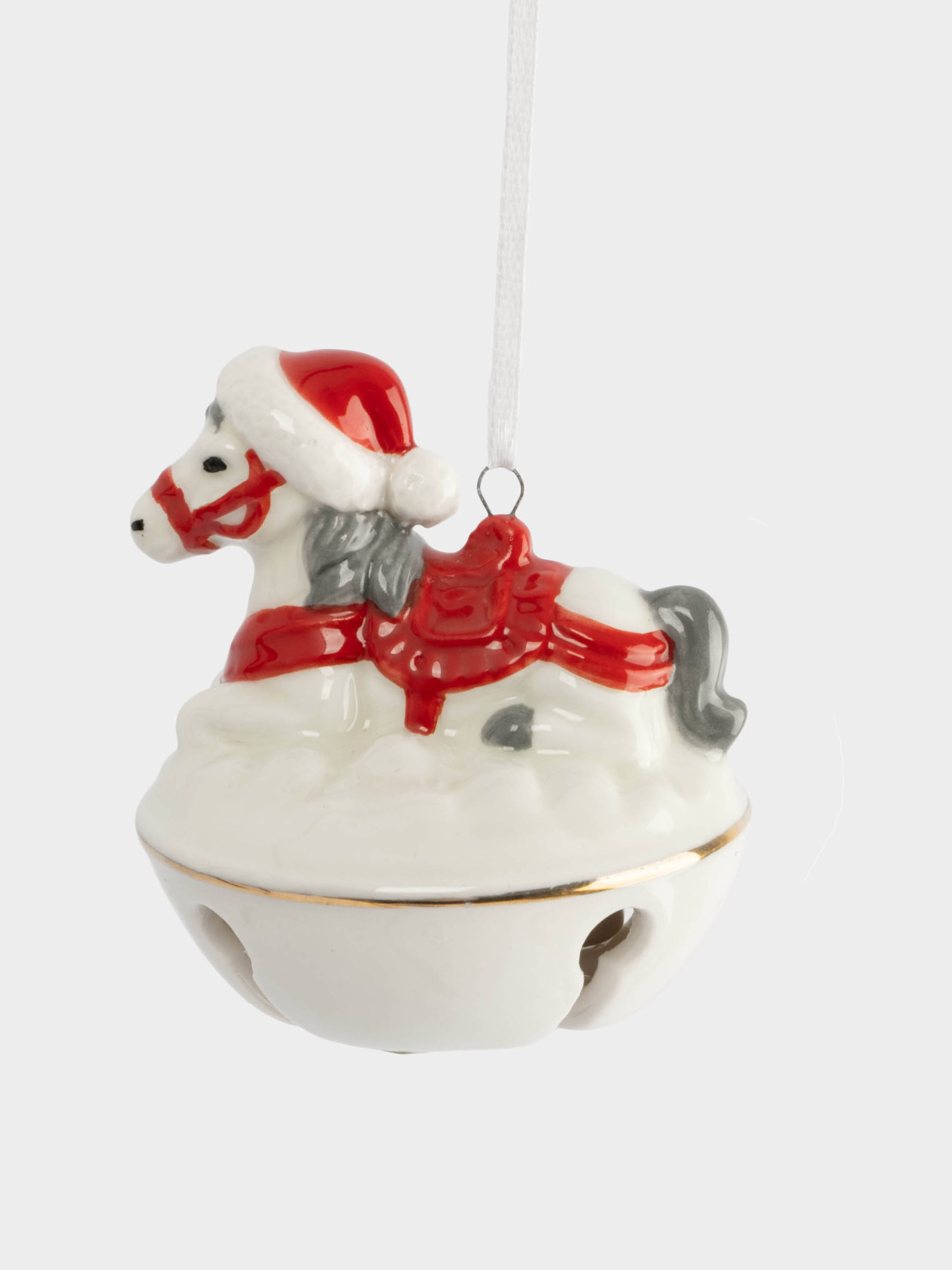 Игрушка елочная, 7 см, с колокольчиком, фарфор P, бело-красная, Лошадка на снегу, New year