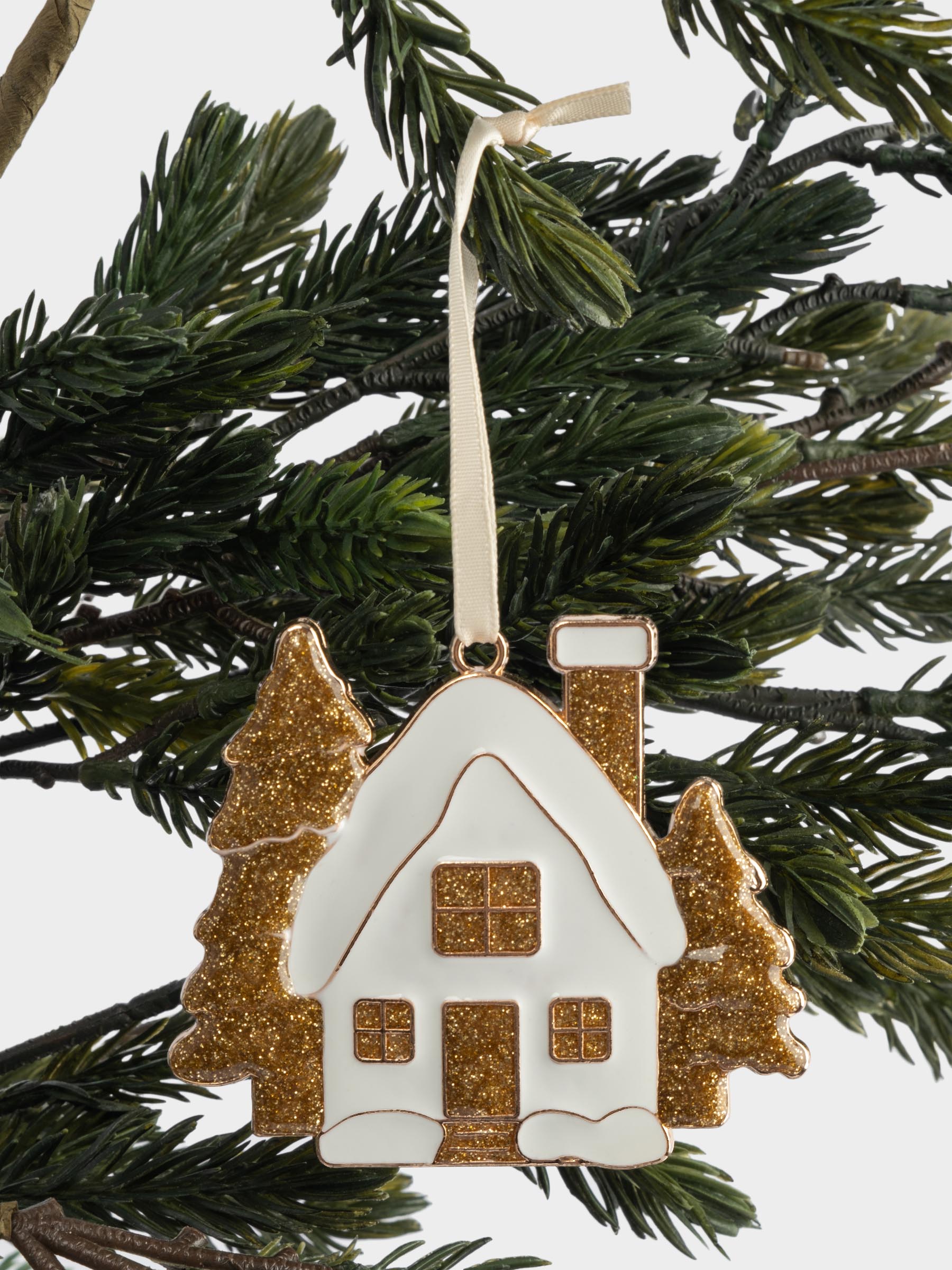 Игрушка елочная, 8 см, металл, золотистая, Домик с елками, New year