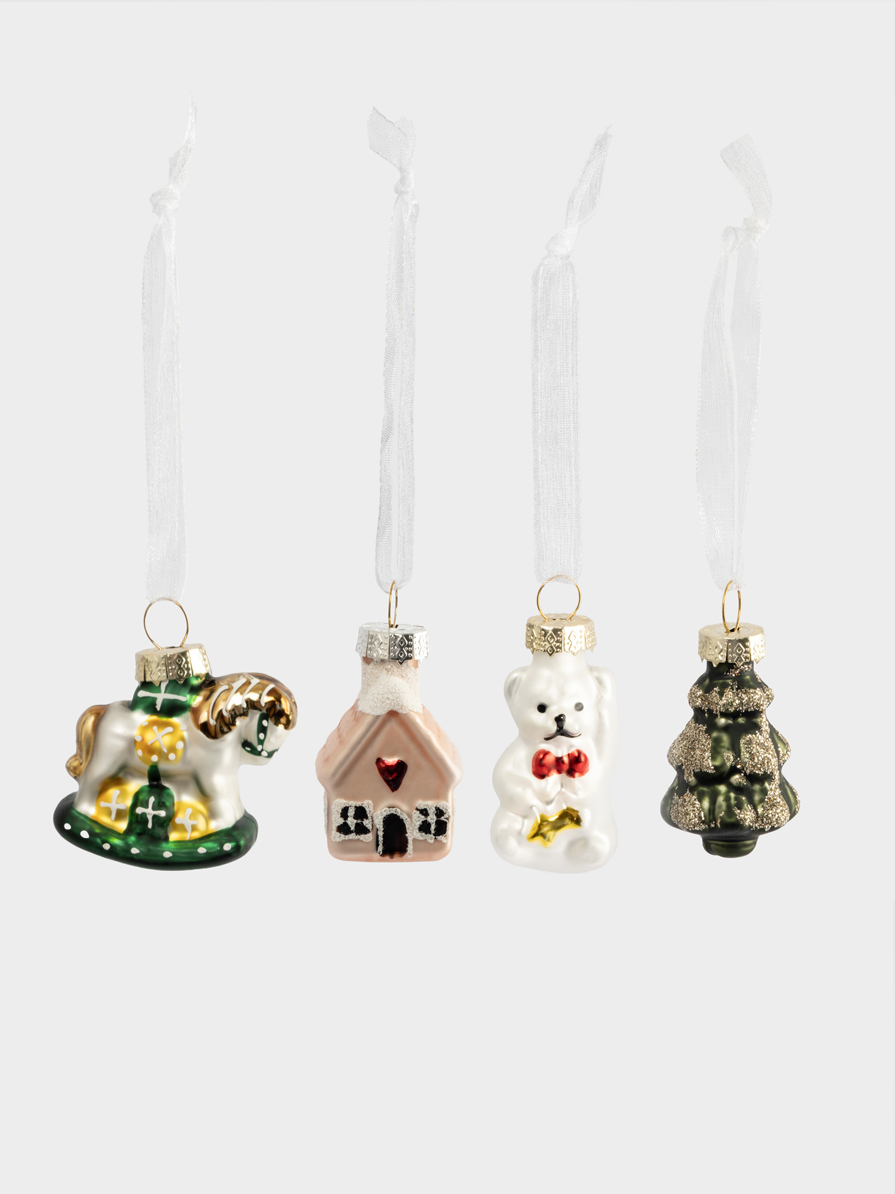 Набор елочных игрушек, 4 см, 4 шт, стекло, с блестками, Мишка/Домик/Лошадка/Елка, New year
