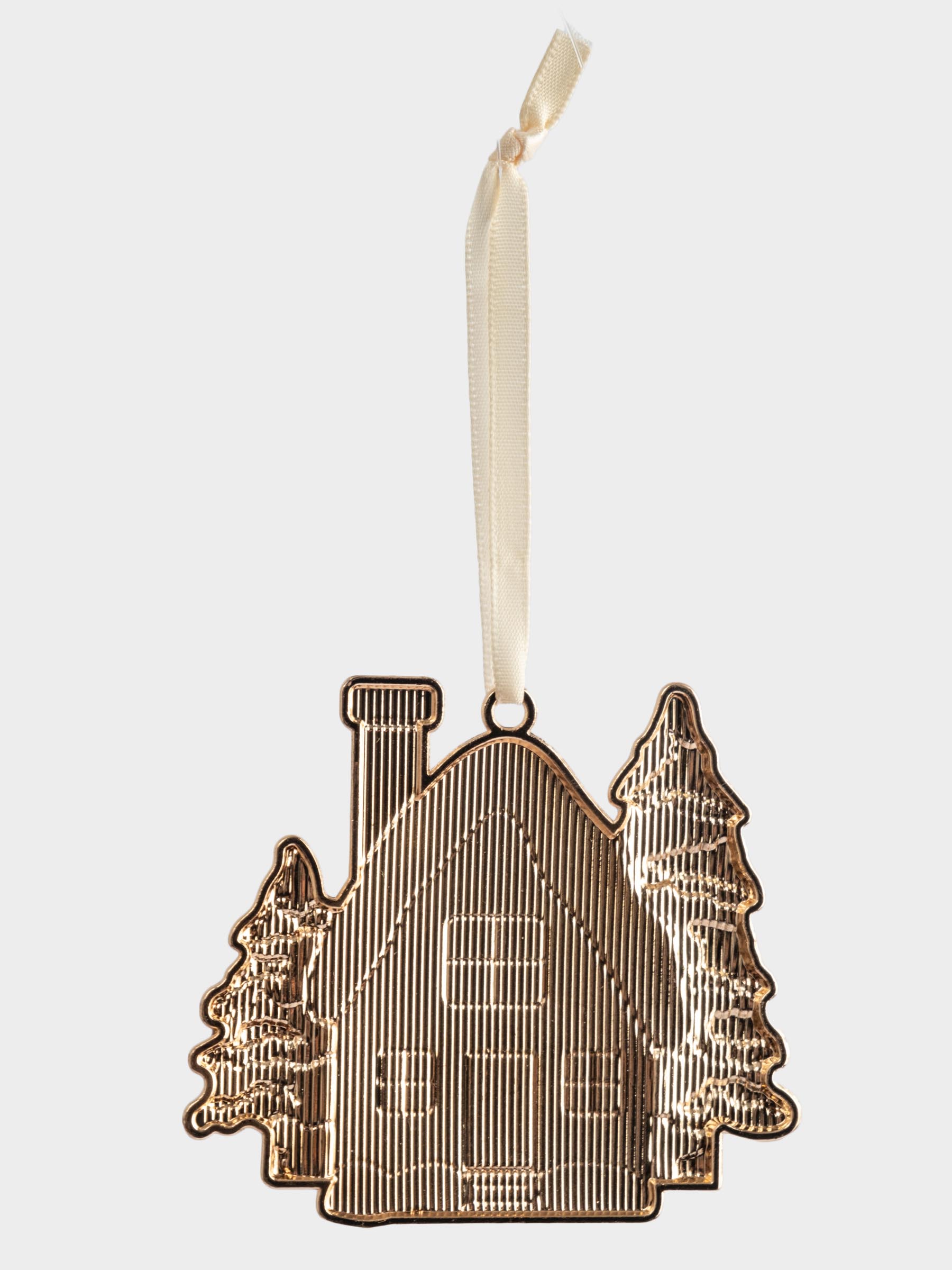 Игрушка елочная, 8 см, металл, золотистая, Домик с елками, New year