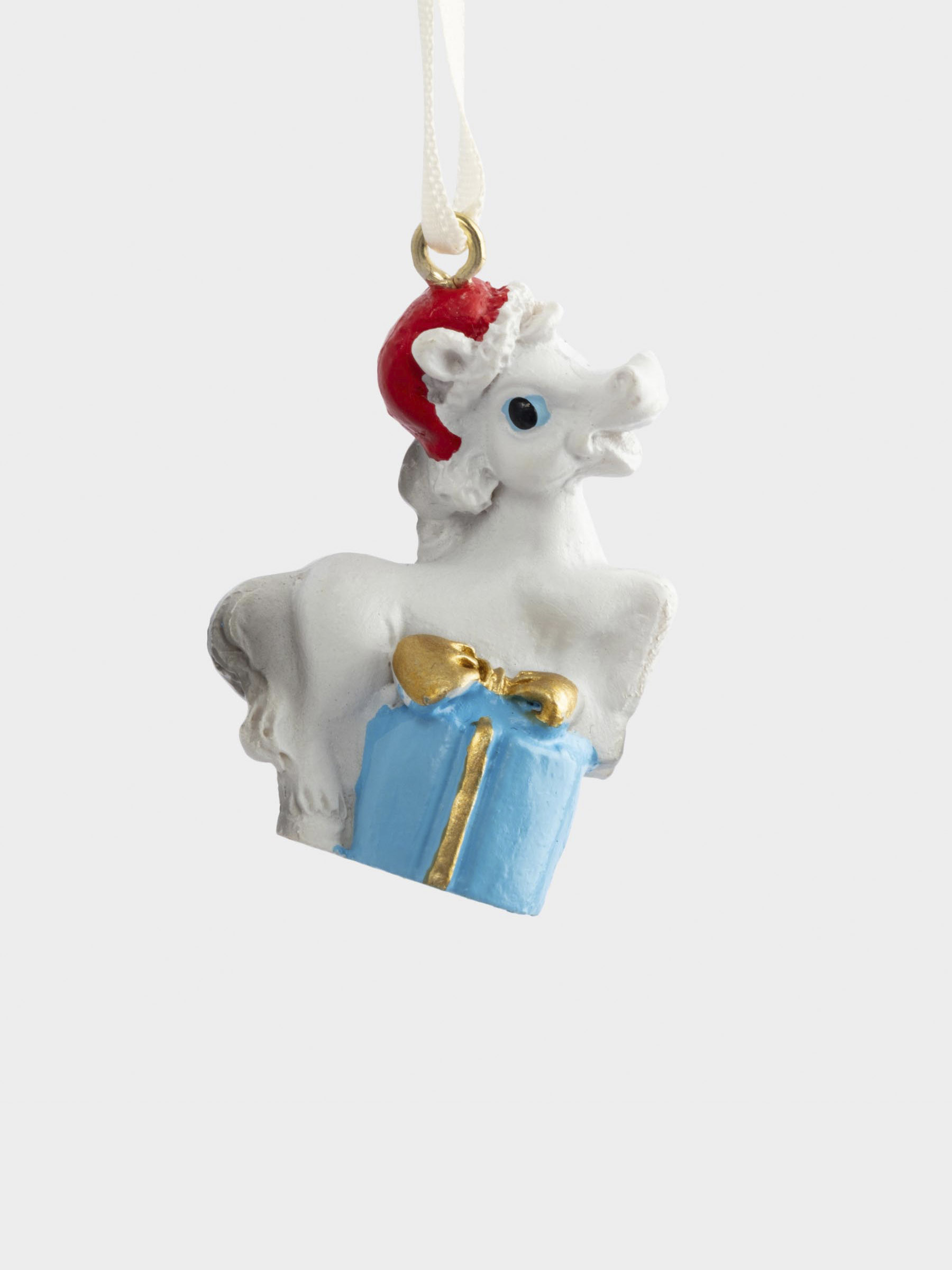 Игрушка елочная, 4 см, полирезин, бело-голубая, Лошадка с подарком, Bright horse