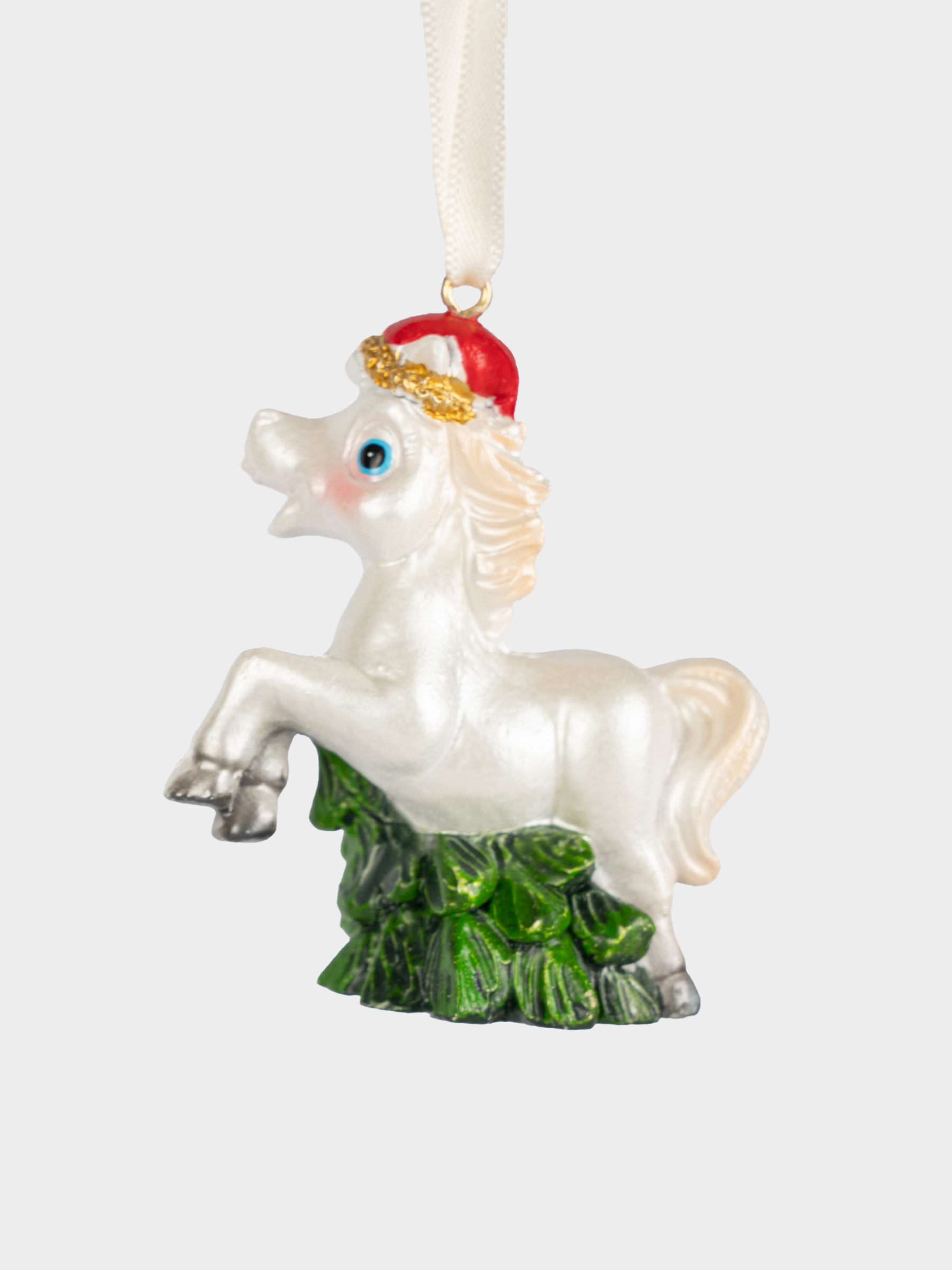 Игрушка елочная, 7 см, полирезин, бело-зеленая, Лошадка с елкой, Bright horse