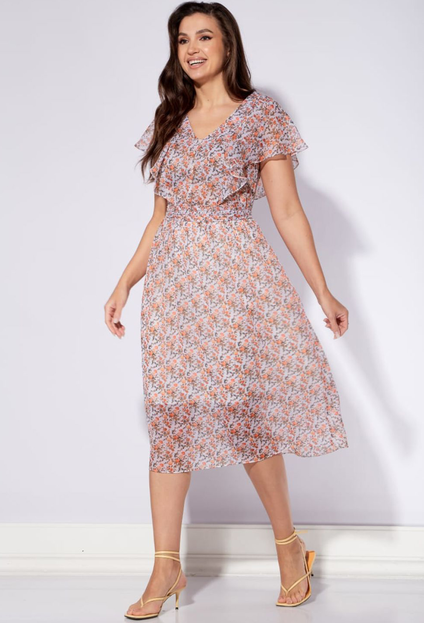 Платье Viola Style 01043 молочно-оранжевый цветы