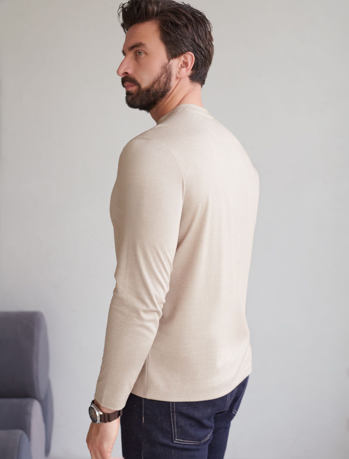 Джемпер хенли из полотна пике с меланжевым плетением с эластаном