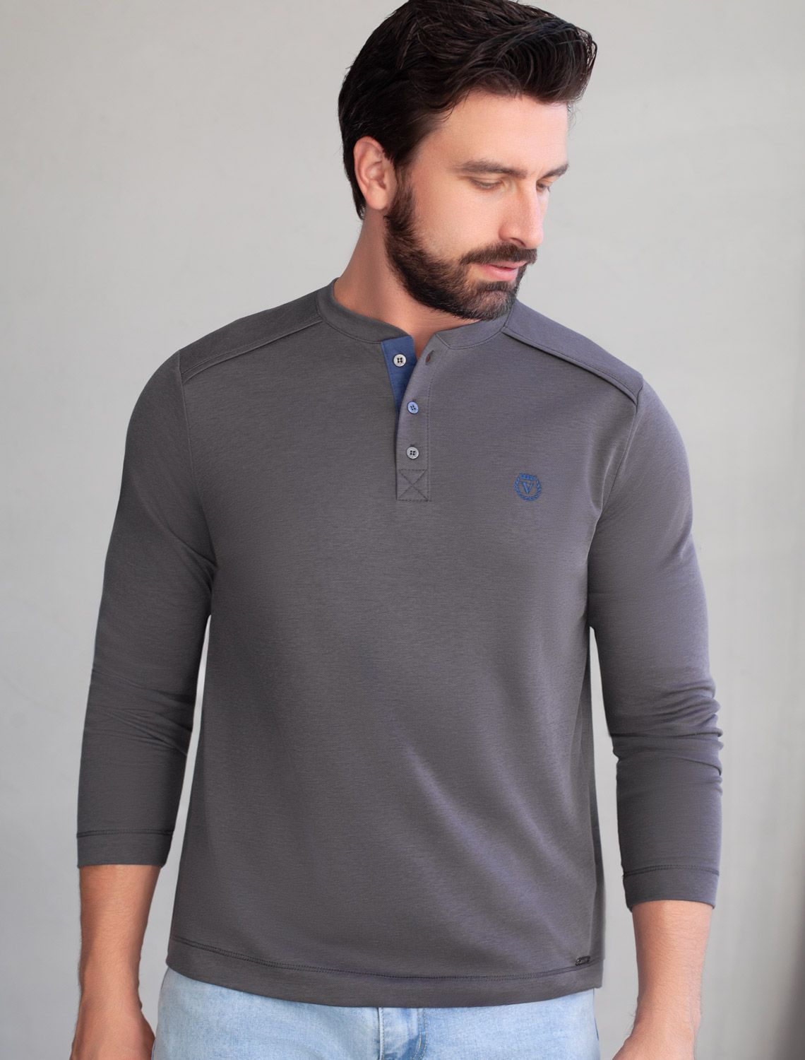 Джемпер хенли из полотна пике с меланжевым плетением с эластаном