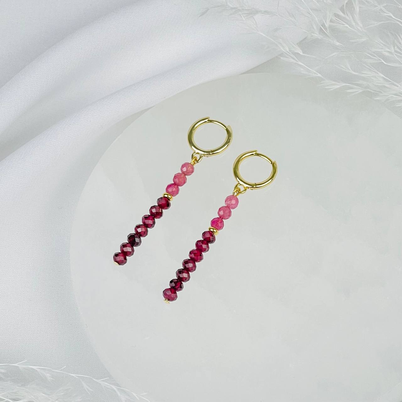 Радуга Самоцветов Серьги длинные из розового Турмалина и Граната (Пироп)