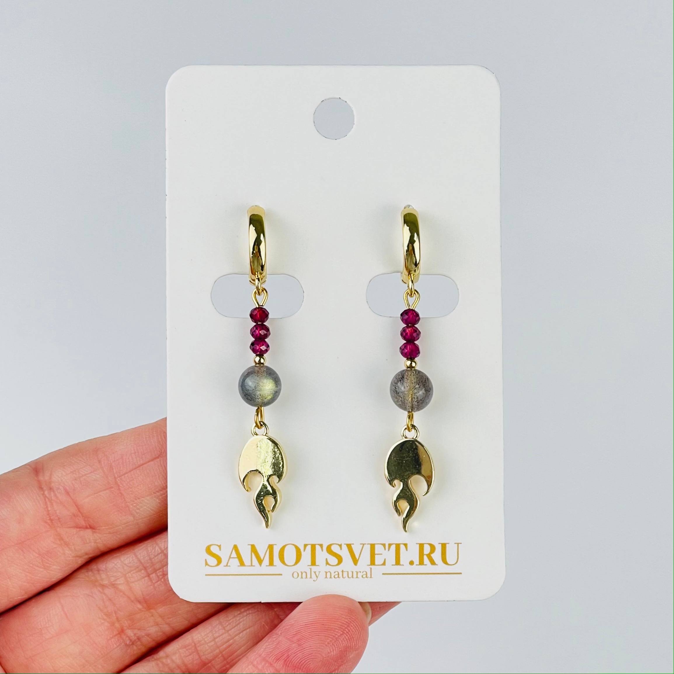Радуга Самоцветов Серьги длинные из Граната и Лабрадора