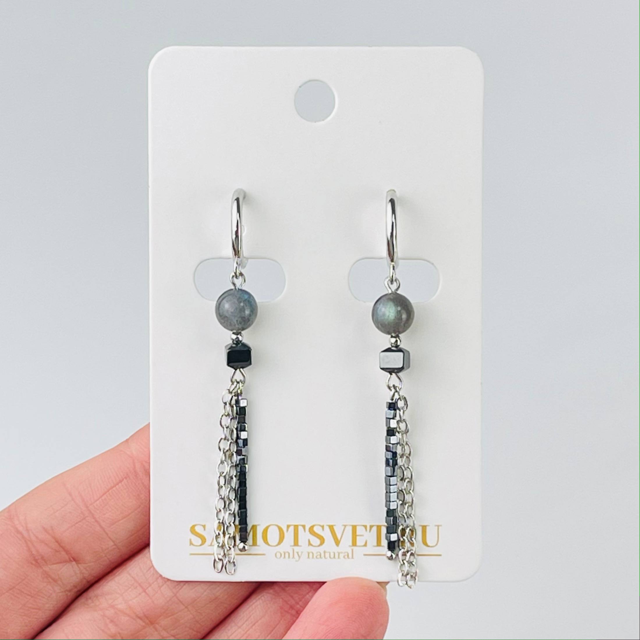 Радуга Самоцветов Серьги длинные из Лабрадора и Гематита