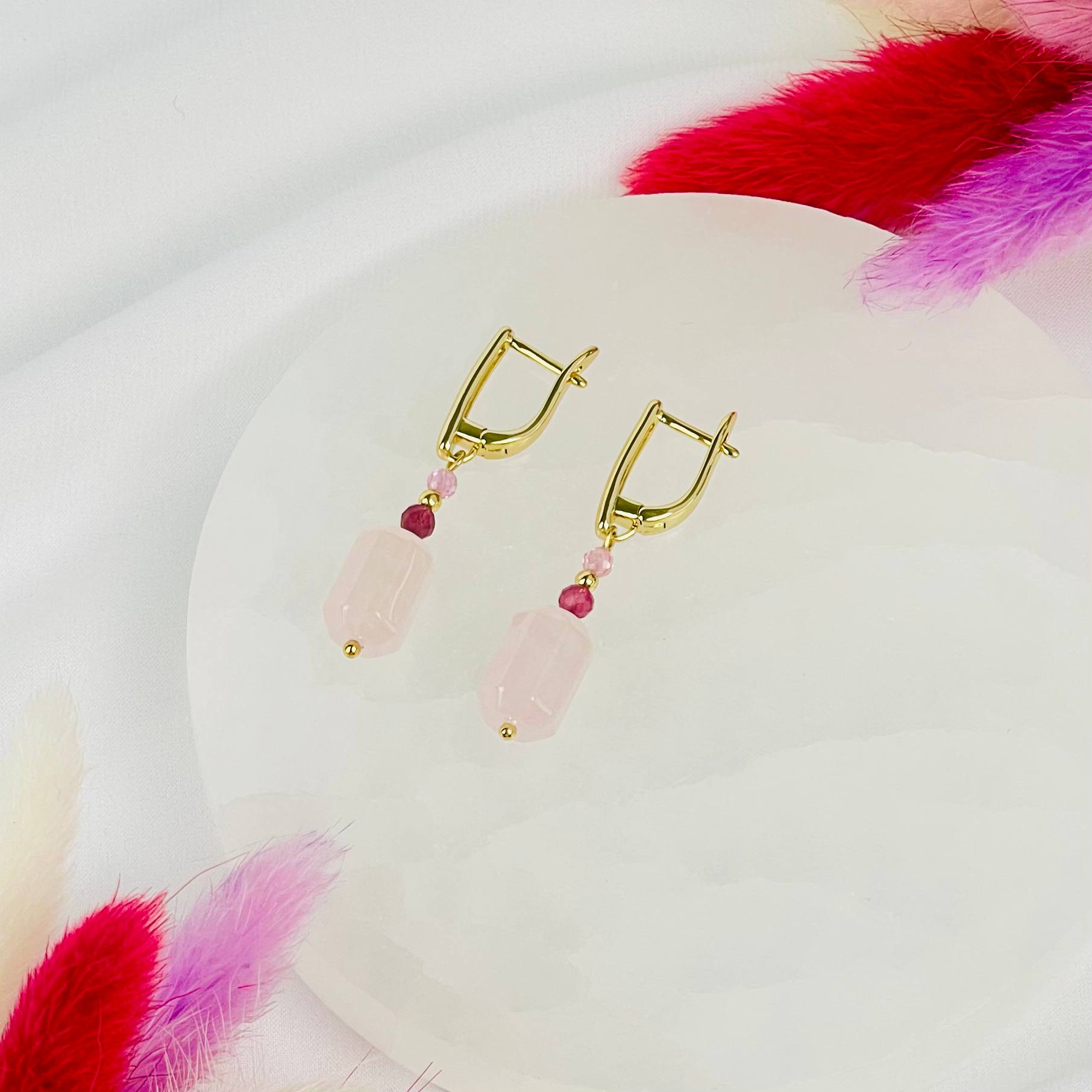Радуга Самоцветов Серьги из Розового кварца, Граната и Турмалина
