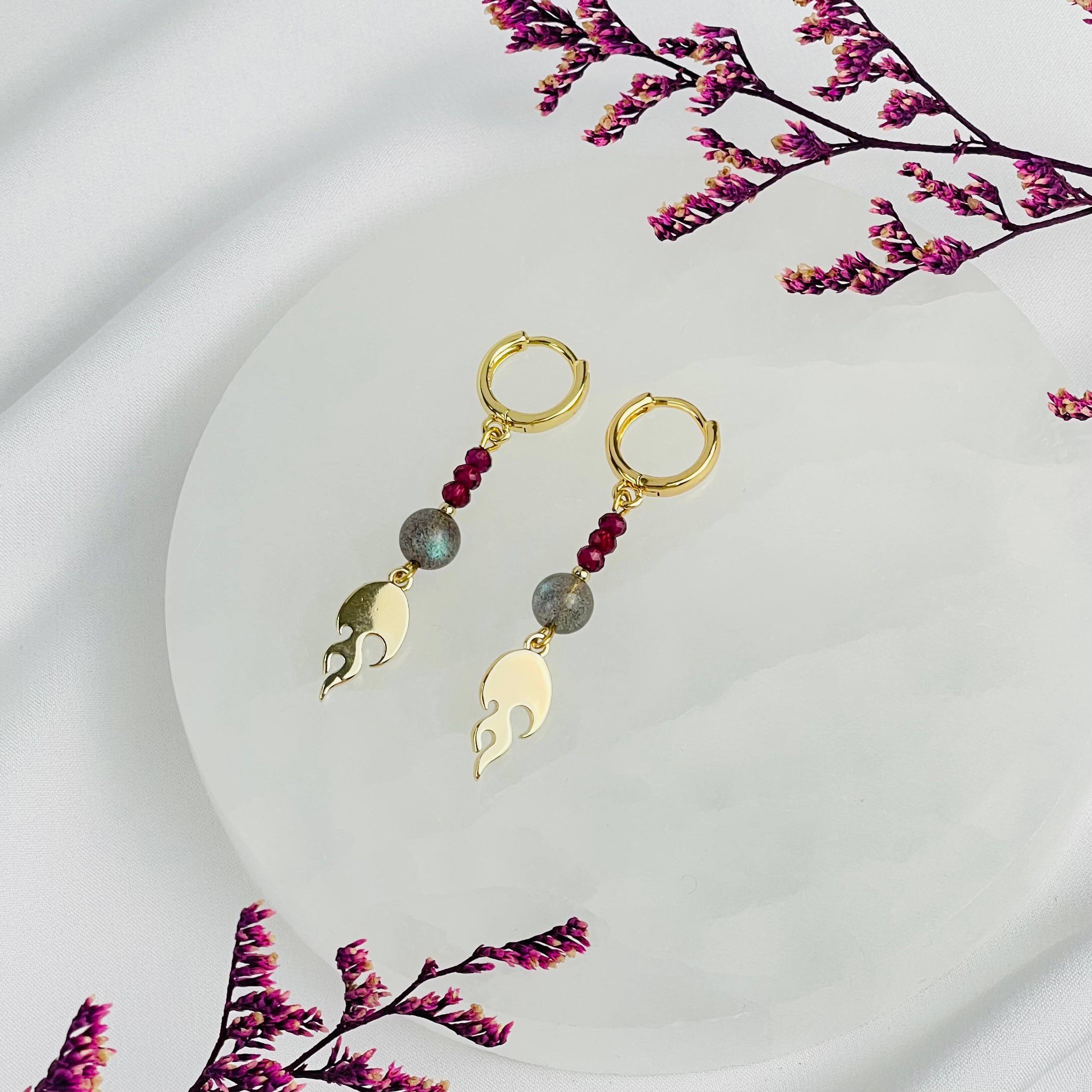 Радуга Самоцветов Серьги длинные из Граната и Лабрадора