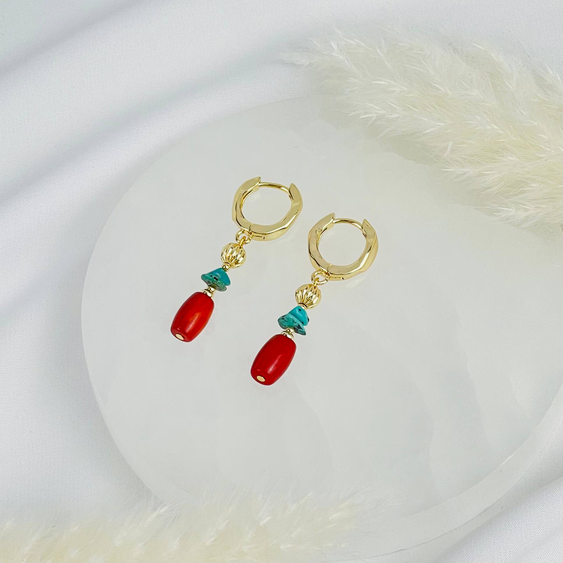 Радуга Самоцветов Серьги из Коралла и Бирюзы